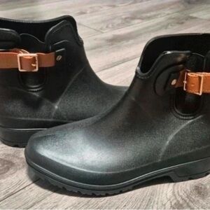 Stylish Black Rain Boots with Tan Buckle